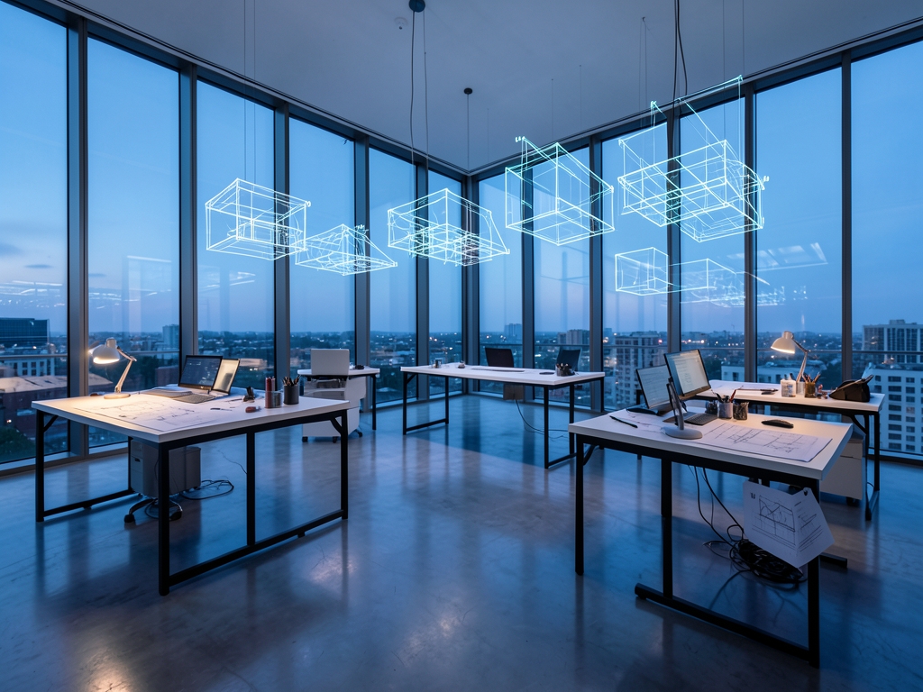 vast glass walled architecture studio dusk soft blue light