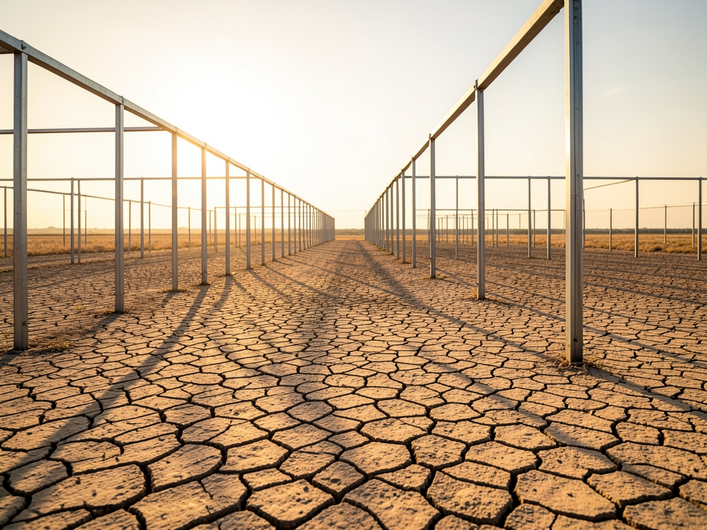 vast open field bordered tall metallic frame structures