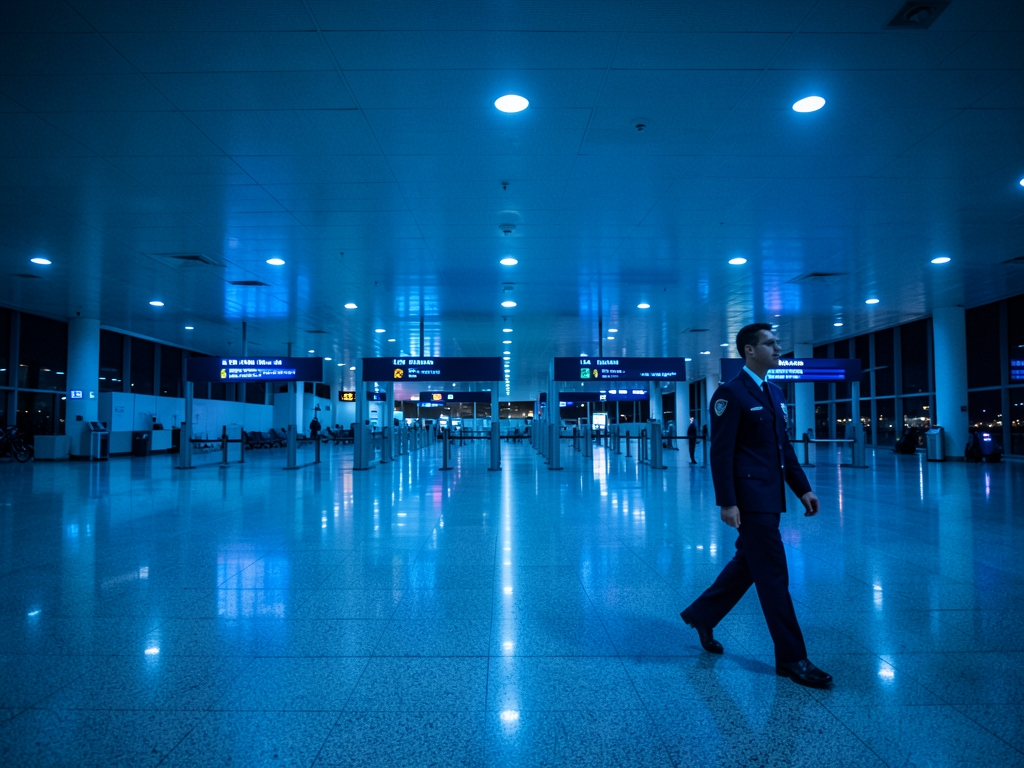 dimly airport terminal night after hours cool blue
