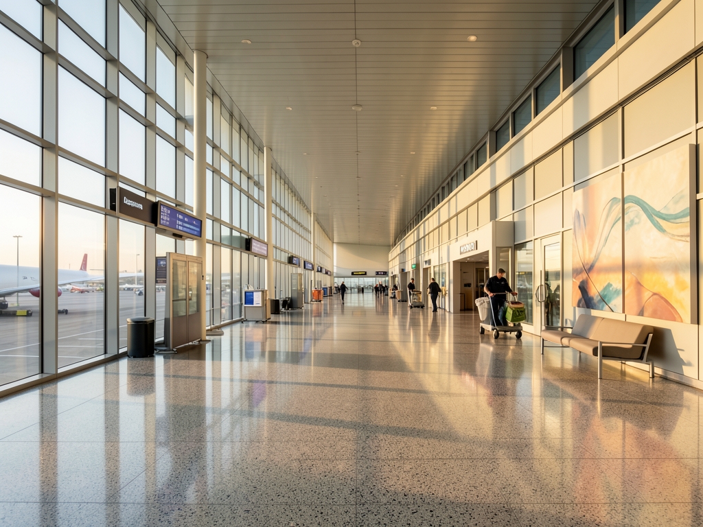 vast airport terminal dawn with pale golden light