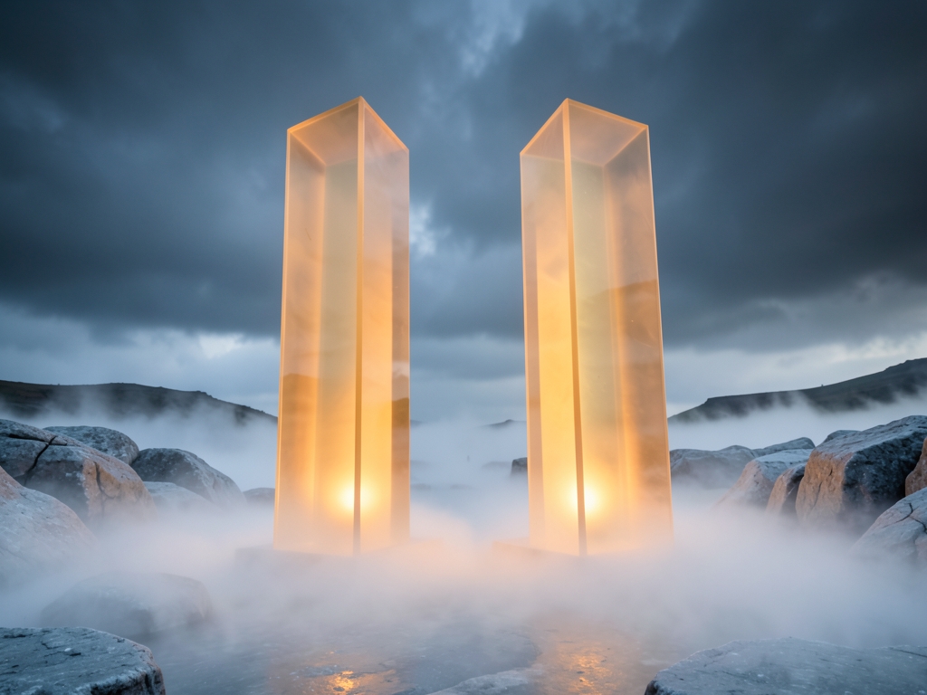 Four translucent geometric pillars rise from misty landscape