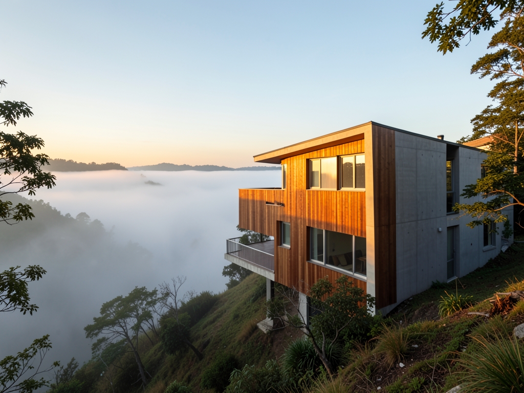 split level modern house golden hour wing clad warm
