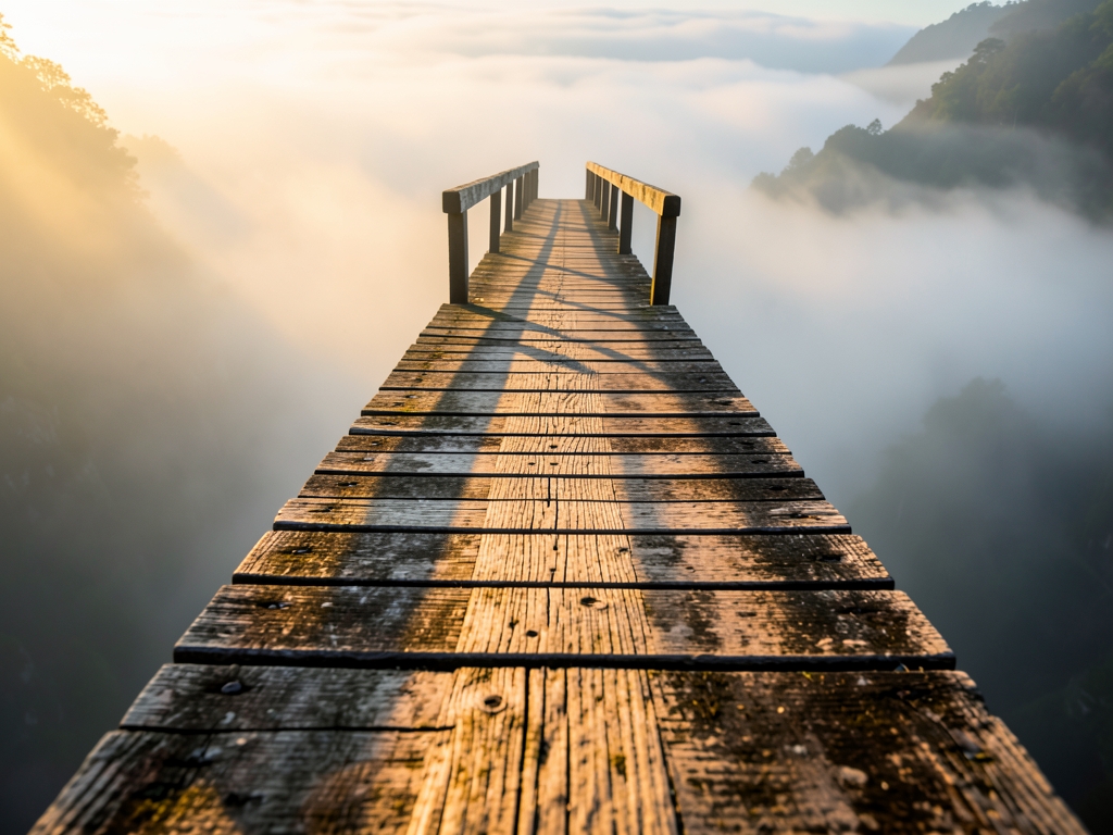 solitary wooden footbridge over misty ravine dawn weathered