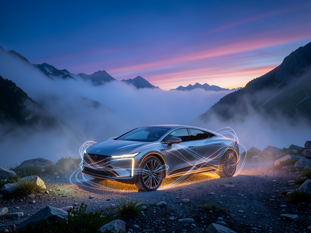 sleek autonomous vehicle rests misty mountain pass twilight
