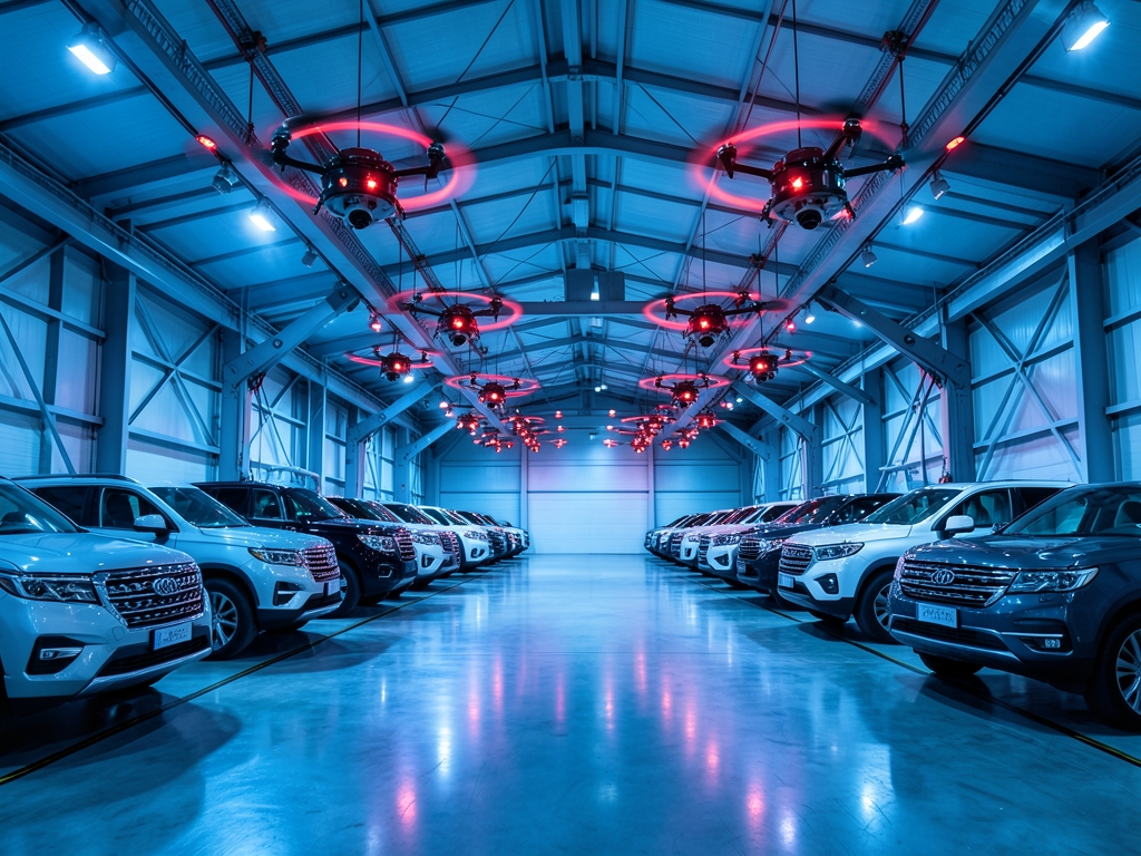 expansive high tech inspection hangar bathed cool blue ambient