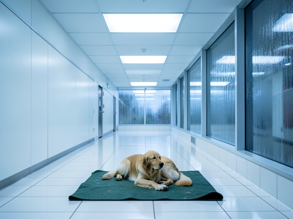 sterile white tiled laboratory corridor cool fluorescent panels rain