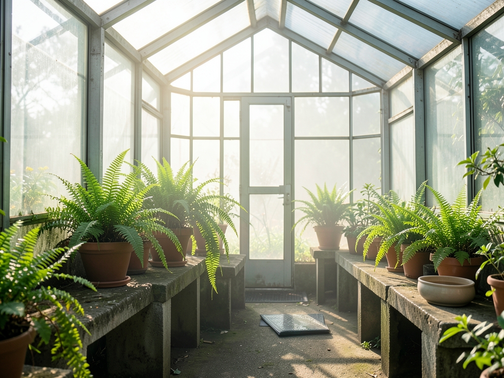 sunlit veterinary research greenhouse with glass panels concrete
