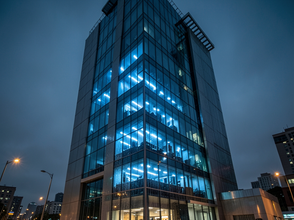 modern glass office tower dusk rain streaking façade