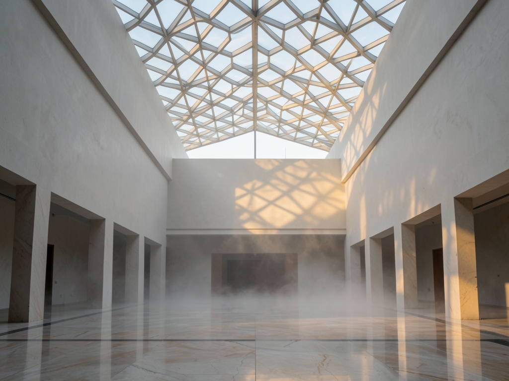vast minimalist marble atrium dawn soft diffused light