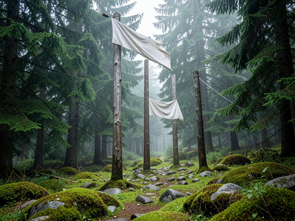 Dense evergreen forest clearing morning mist with tall