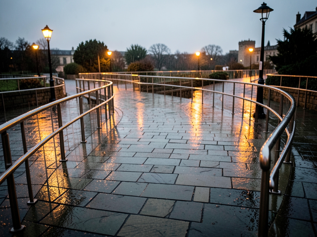 Empty winding stone plaza with curved metal railings