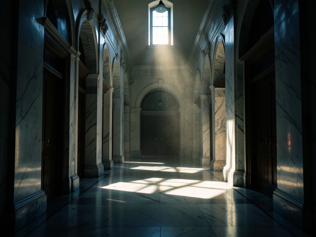 vast emptied marble courthouse corridor dawn single harsh