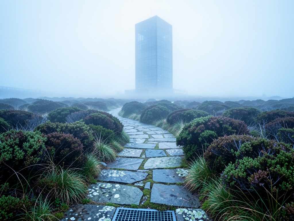 winding stone path through low fog covered heath leading