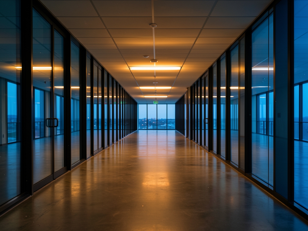 long empty glass and steel office corridor dusk with warm