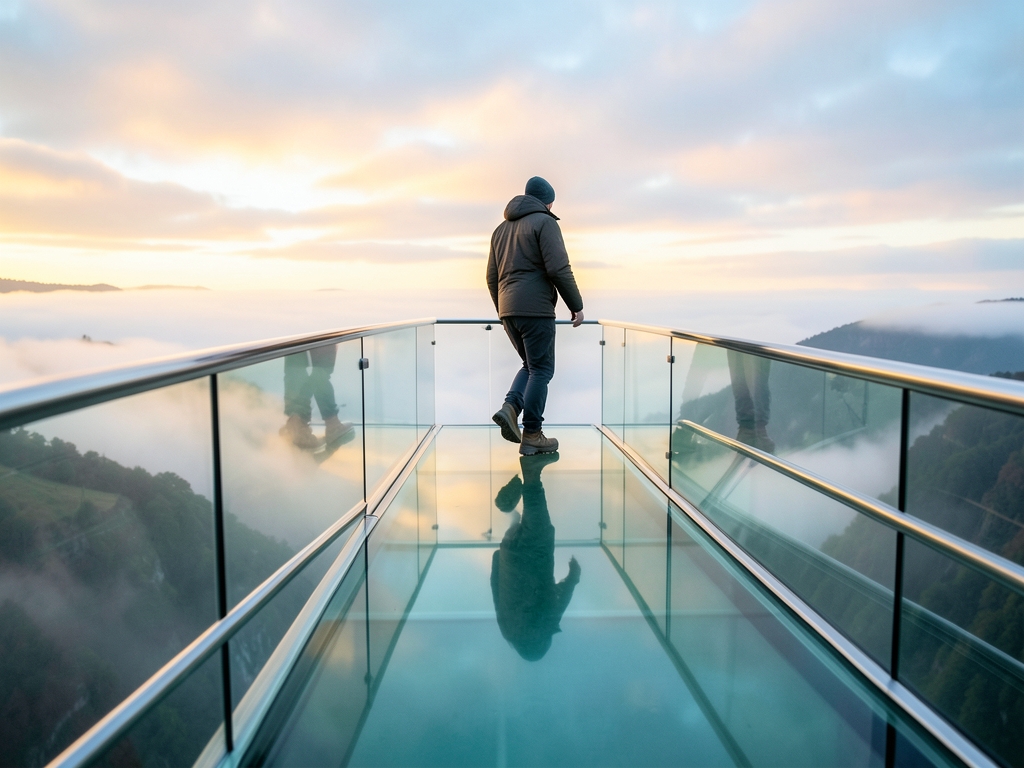 lone figure crossing glass bridge suspended over misty
