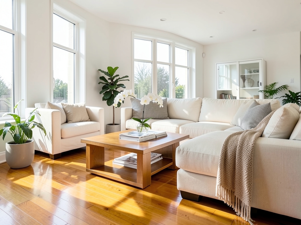 Bright open concept living room with natural daylight polished