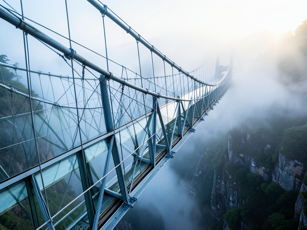 glass and steel suspension bridge over misty ravine pale morning
