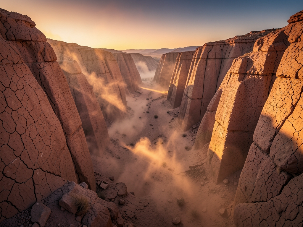 windswept desert canyon dusk with shifting amber light