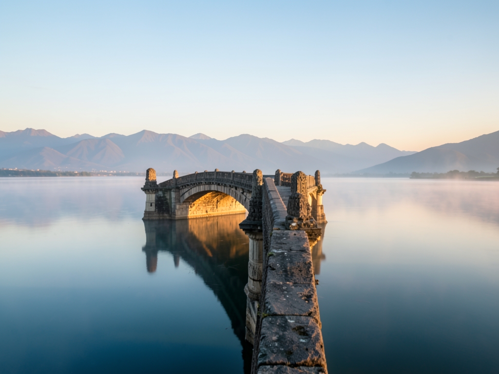long stone bridge over glassy lake dawn soft