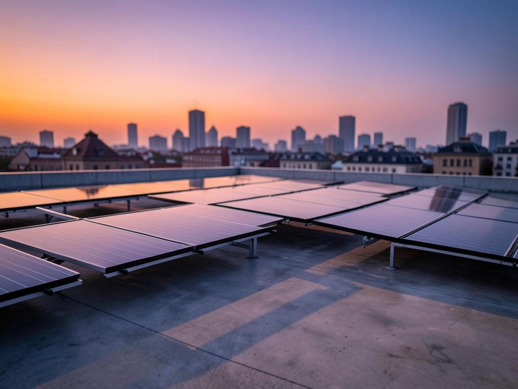 Concrete rooftop terrace twilight with rows sleek solar
