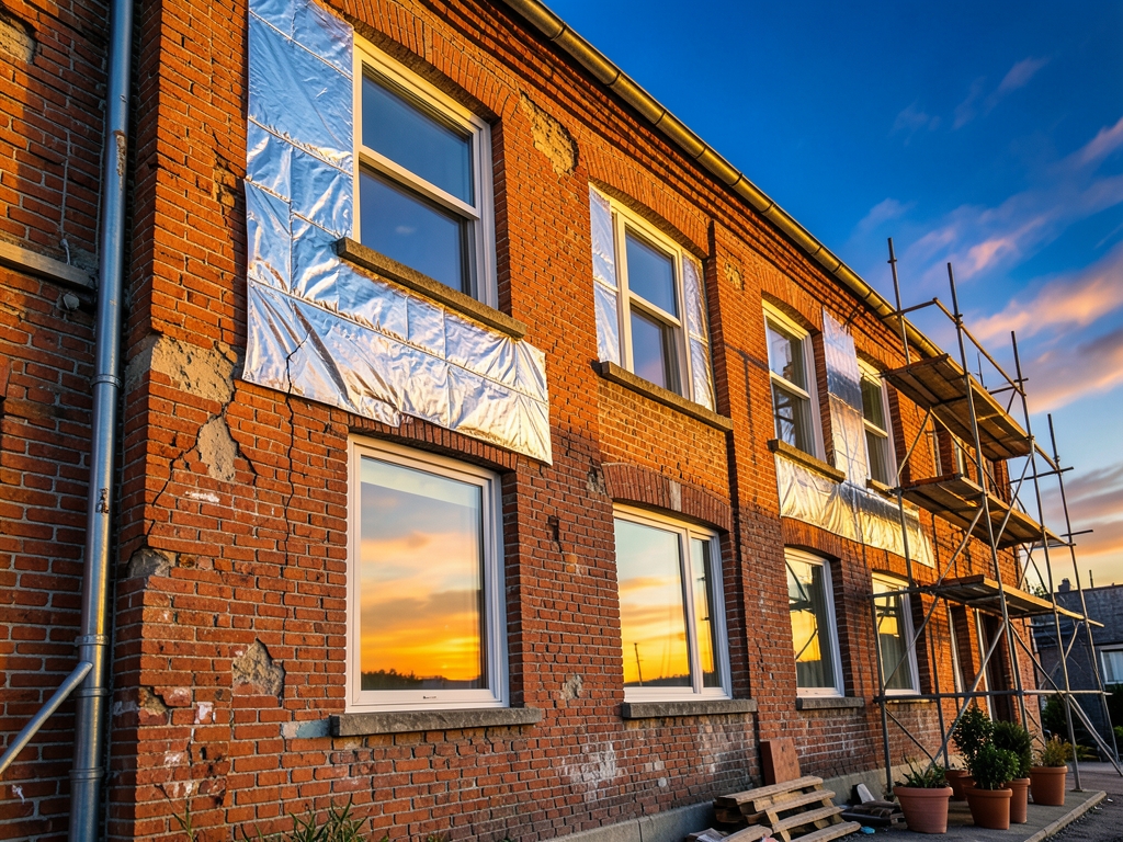 Brick facade weathered city building draped silver insulation