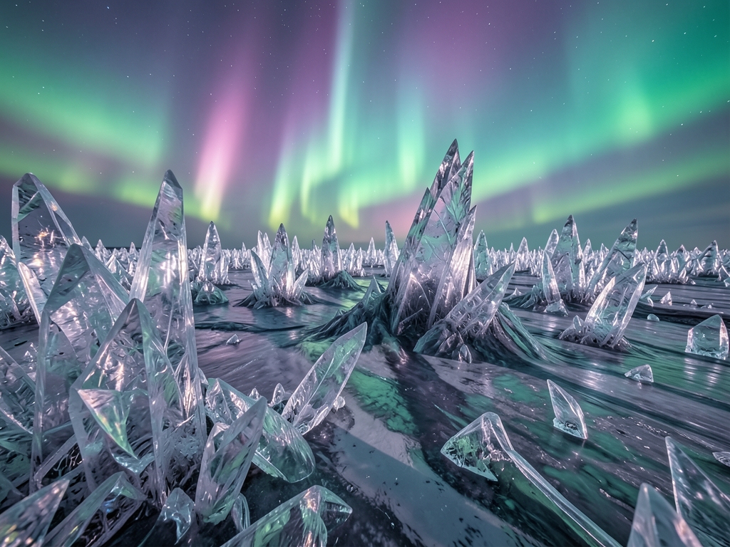 vast crystalline landscape under shifting aurora skies where