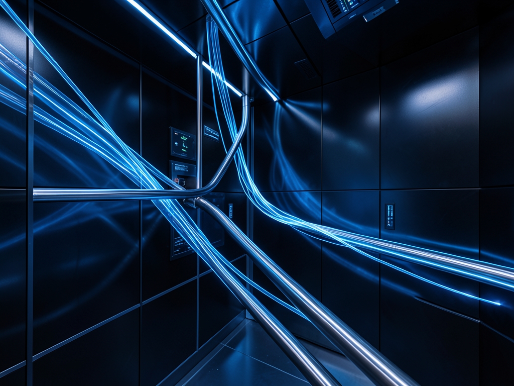 sleek obsidian processing chamber bathed cool blue ambient