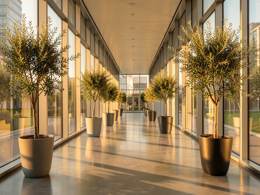 sunlit glass corridor with tall windows casting warm