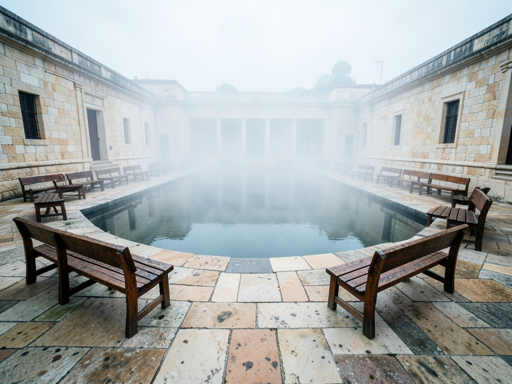 wide courtyard pale stone under overcast morning light