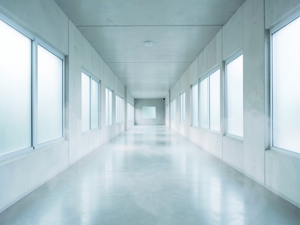 long softly corridor pale concrete glass morning light