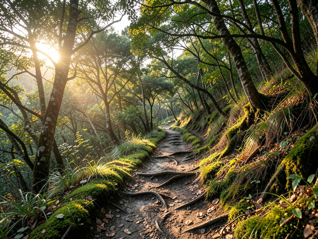 winding forest trail dawn damp earth moss underfoot