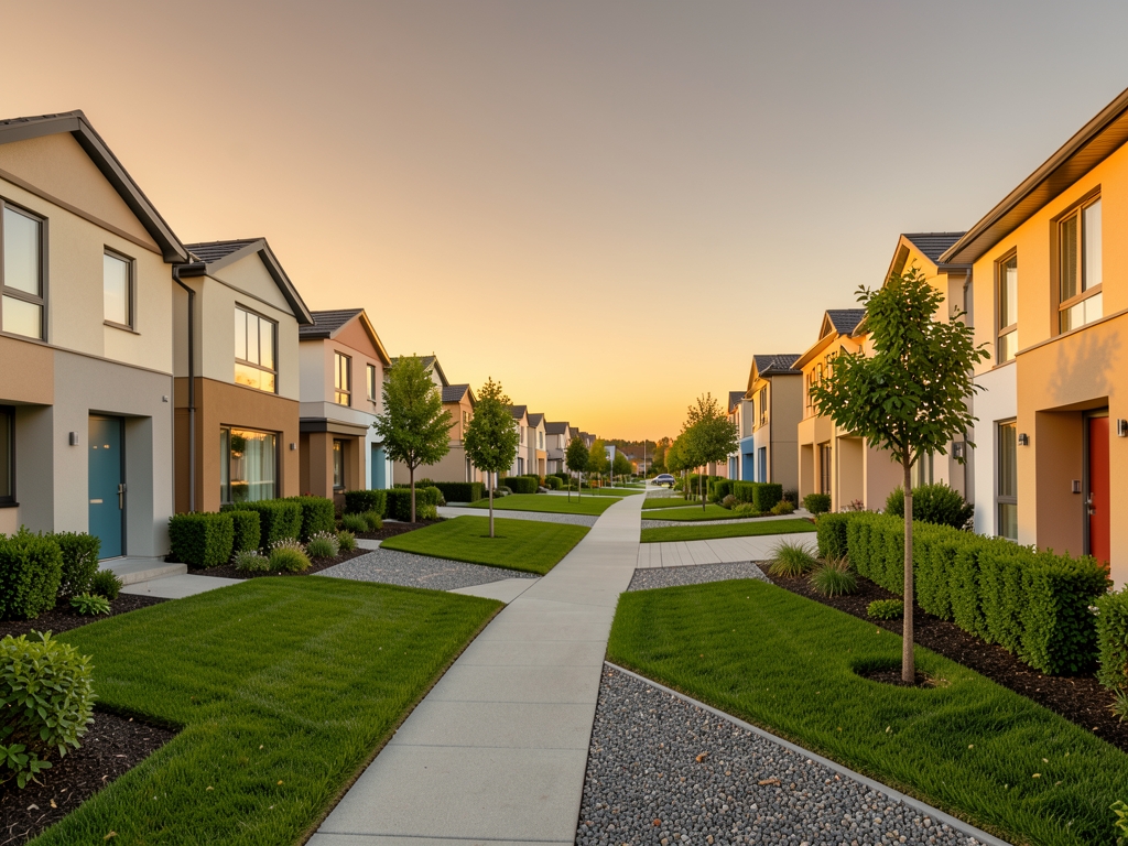 wide angle view contemporary suburban neighborhood golden hour newly