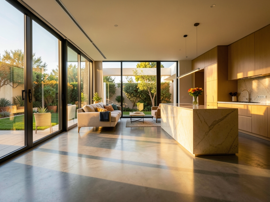 sunlit modern open plan living room with floor to ceiling glass