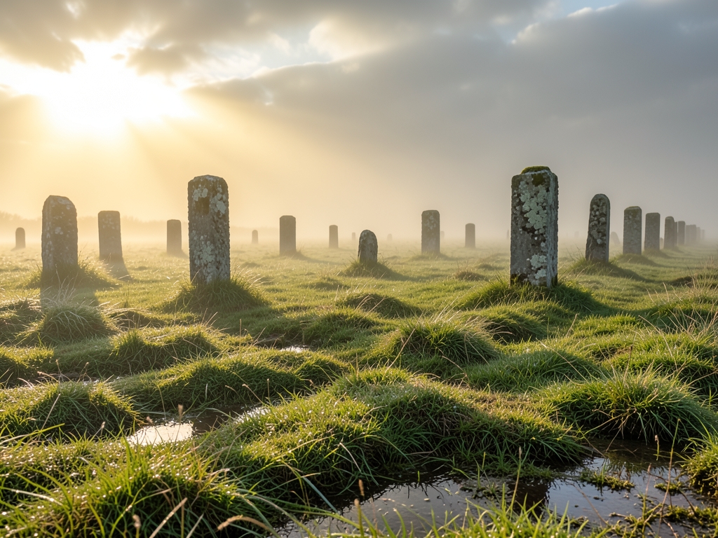 misty open pasture dawn with rows weathered stone