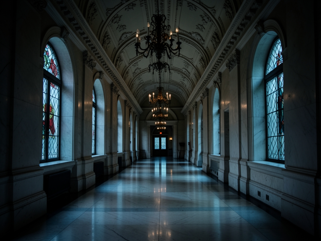 marble courthouse corridor with tall arched windows casting