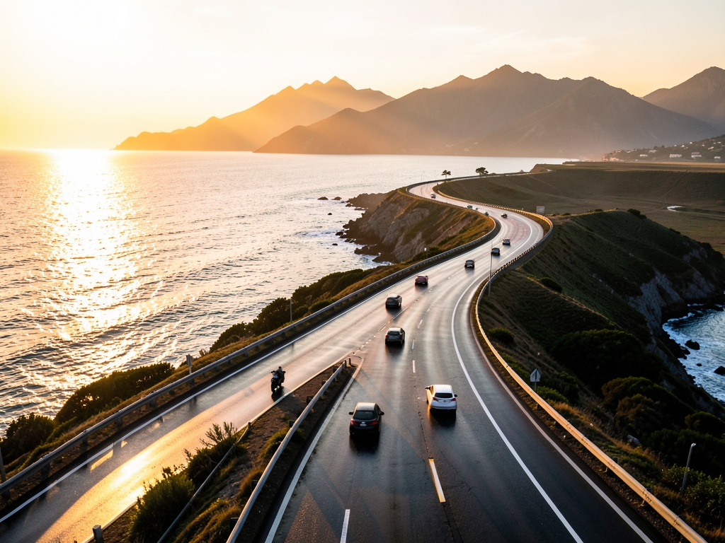 aerial view winding coastal highway golden hour several