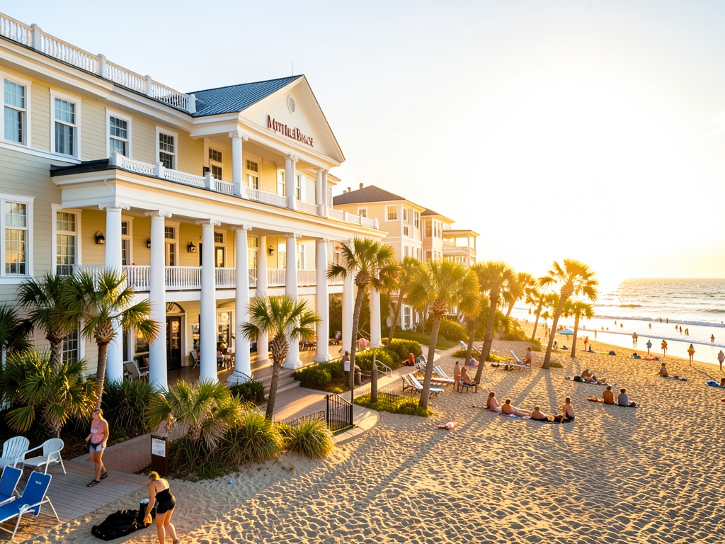 sun drenched Myrtle Beach oceanfront hotel with white columns
