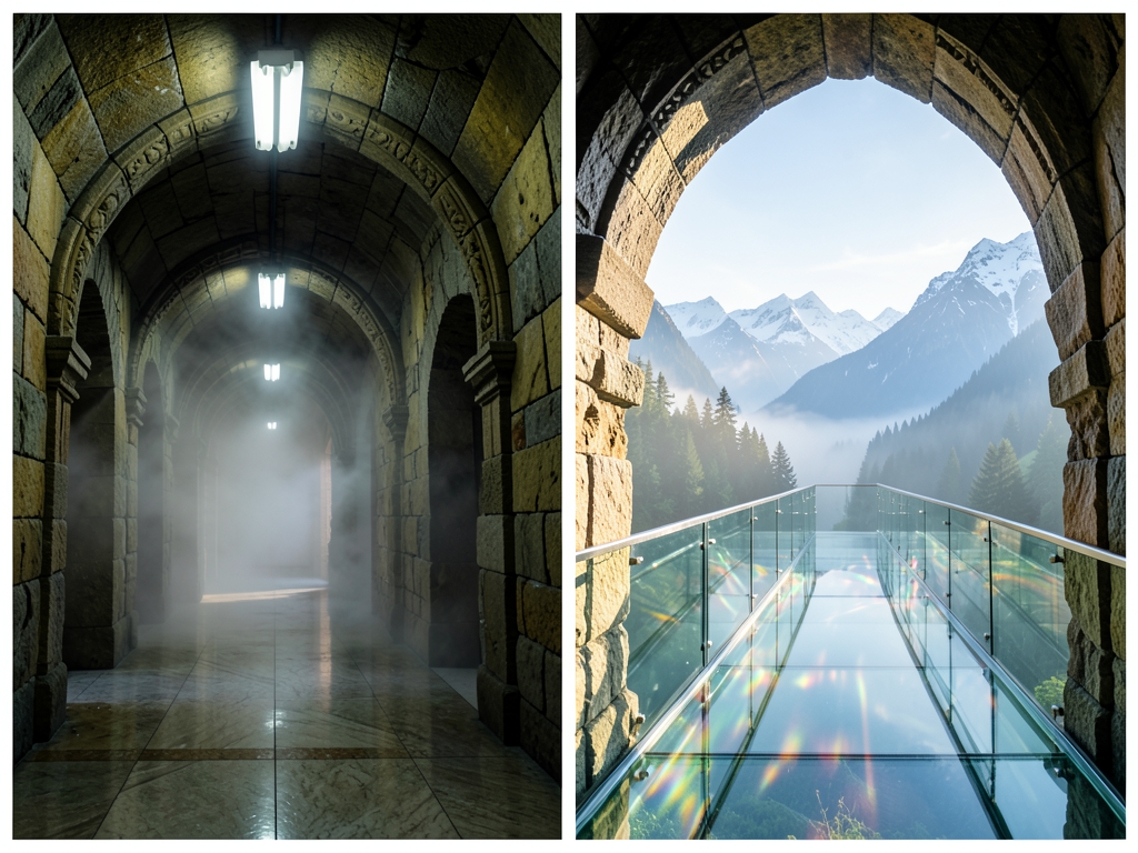 dimly stone corridor with vaulted ceilings cold fluorescent