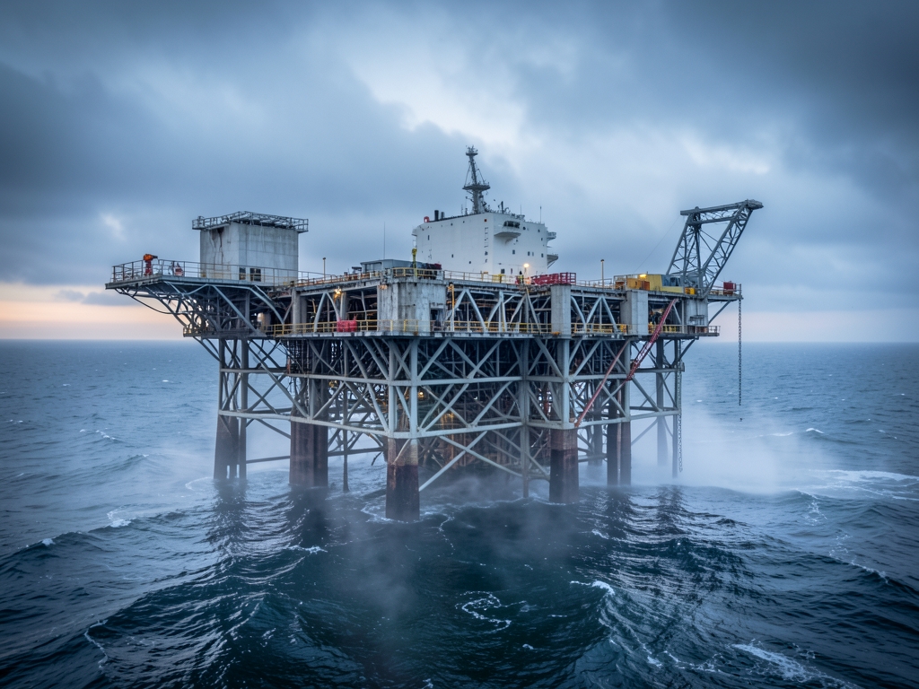 vast North offshore platform twilight surrounded steel scaffolding