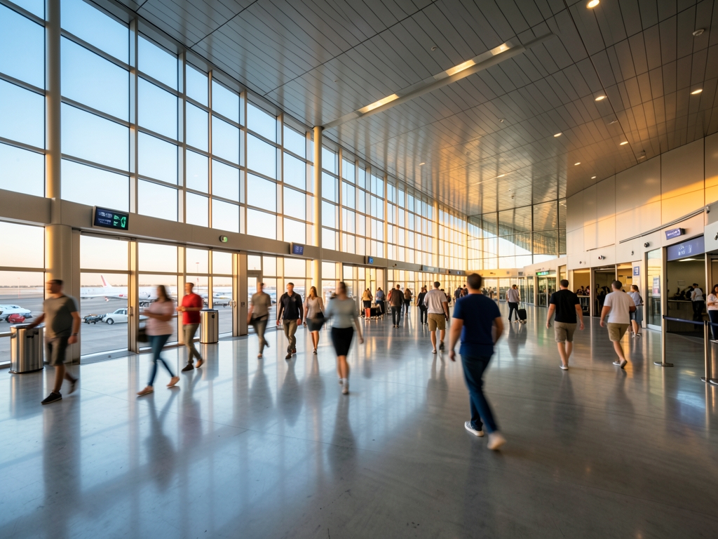 wide angle view modern airport terminal dawn soft golden