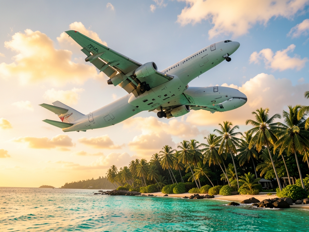 low angle view wide body aircraft descending toward turquoise coastline