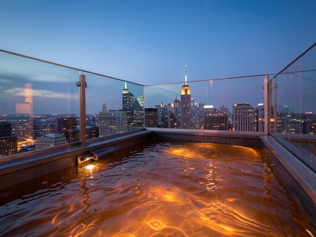 rooftop jacuzzi overlooking Manhattan skyline dusk soft rain