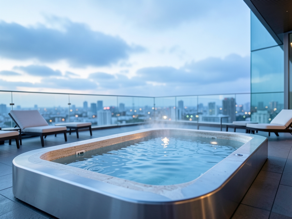 sleek infinity edge jacuzzi into modern high rise terrace dawn