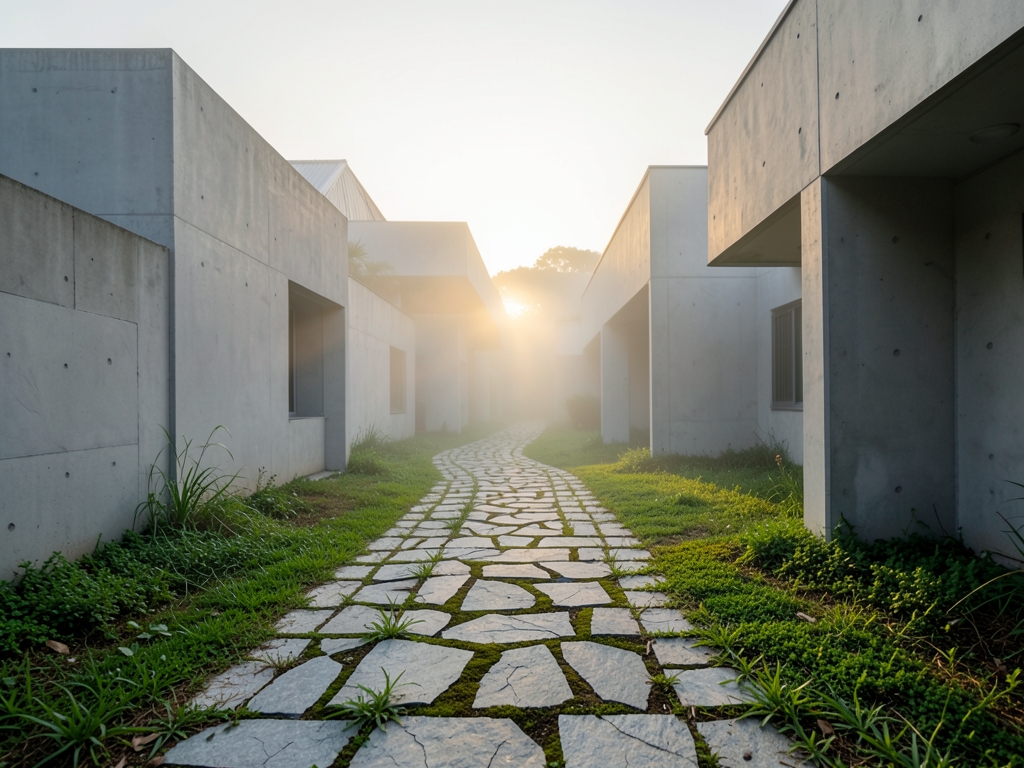 narrow stone path winding through modern Indonesian government