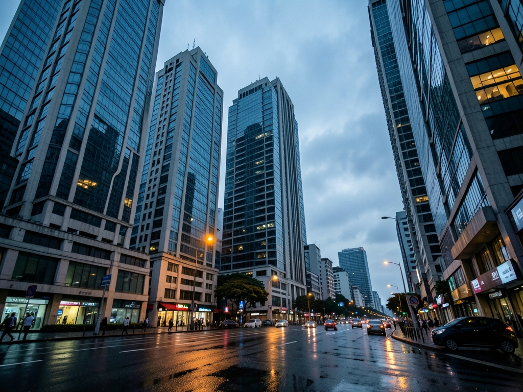 grand Indonesian financial district dusk concrete glass towers
