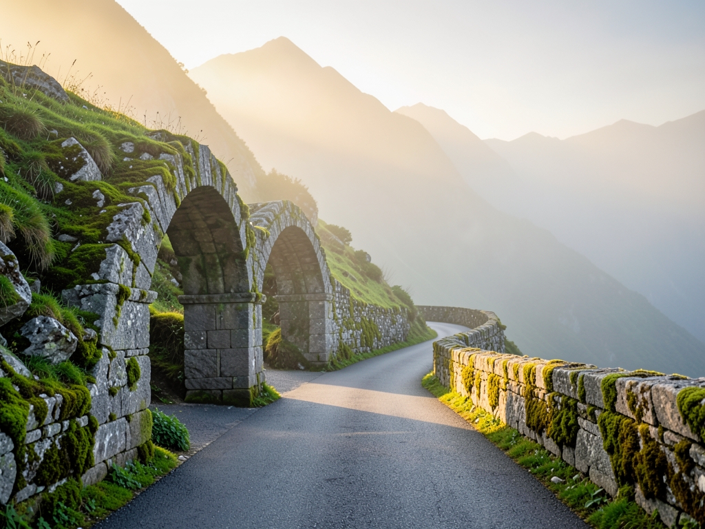 misty mountain pass with ancient mossy stone archways