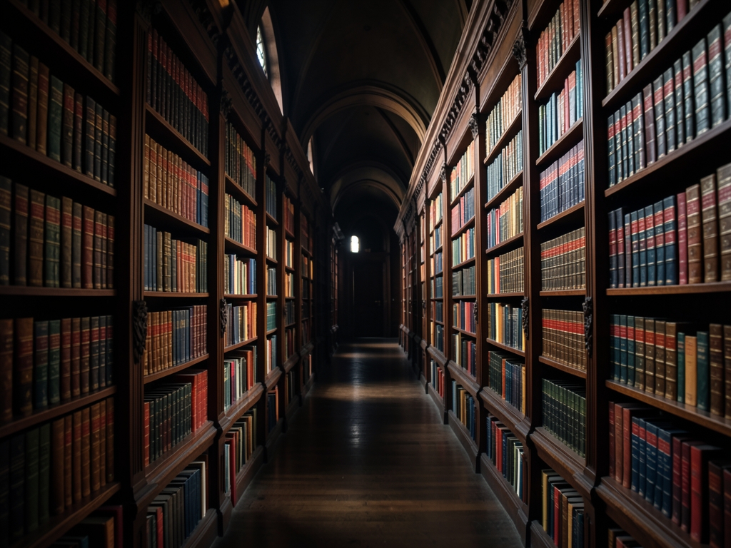 long corridor dark wooden library stacks stretching into