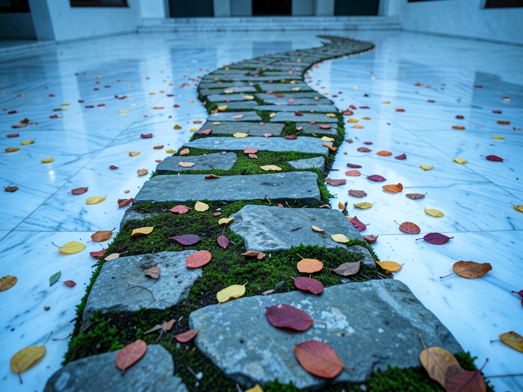 winding stone path through minimalist courtyard under overcast