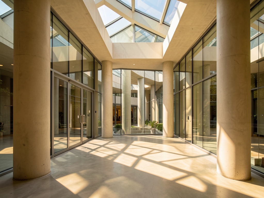 sunlit modern atrium with concrete pillars floor to ceiling glass