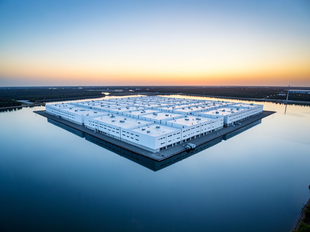 Aerial view vast pristine white concrete data center